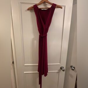 Red wrap v-neck midi dress.